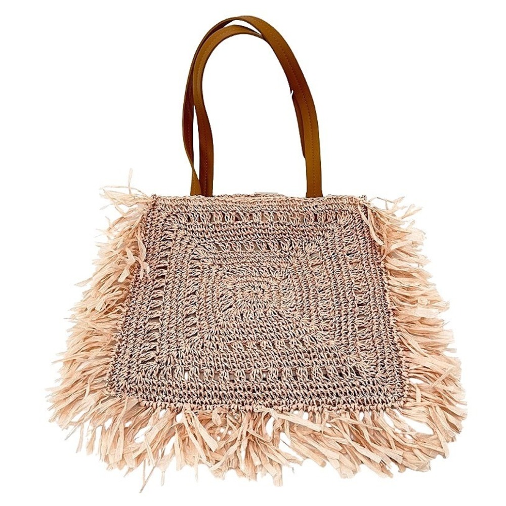 Shiraleah Chicago NWT Tote Bag Square Tamara Woven Fringe Straw Blush Beachy